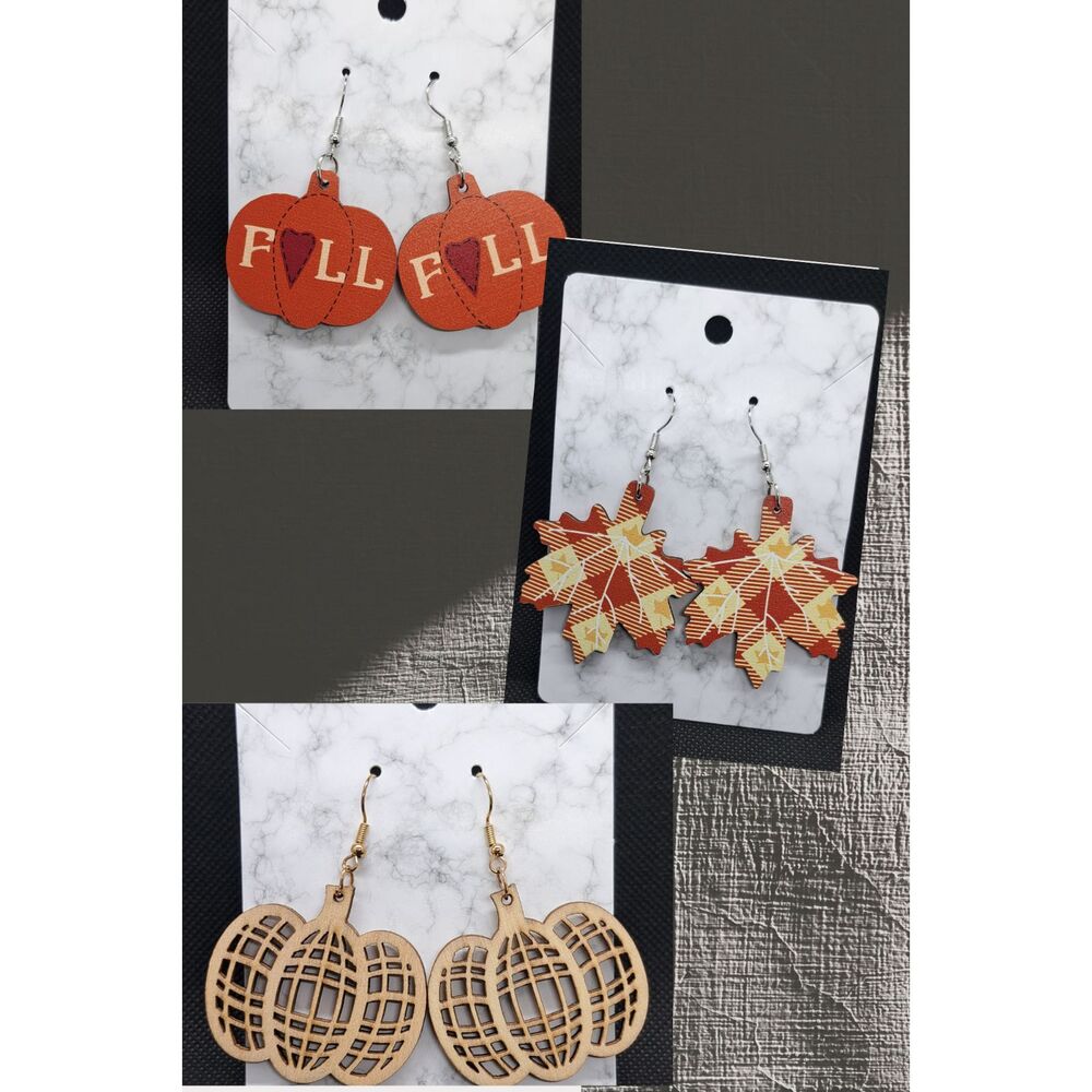 Fall-Inspired Wooden Earring Lot – Set of 3 Lightweight Pairs